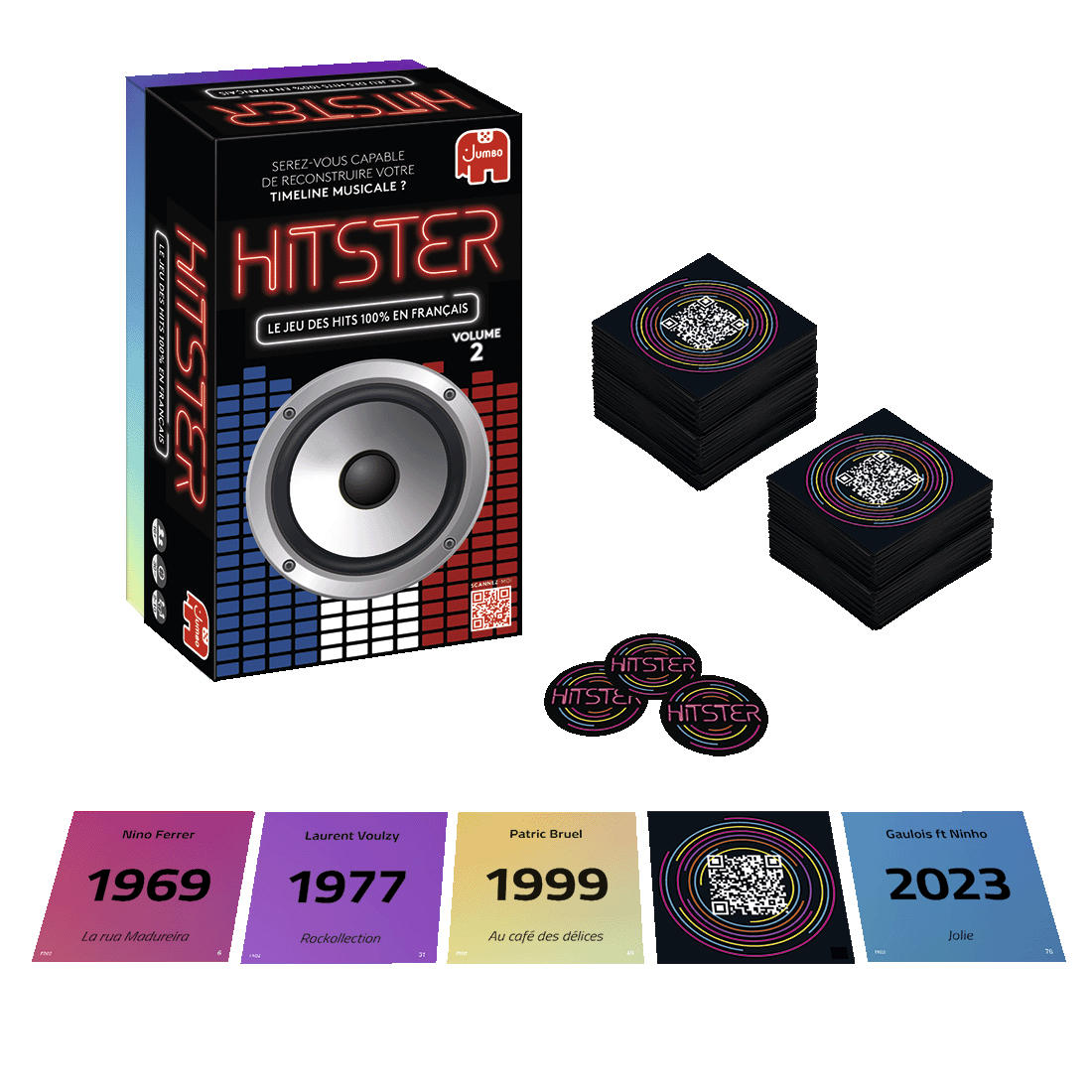 Board game box, Hitster, Volume 2. Includes game components: cards, tokens, and year cards.