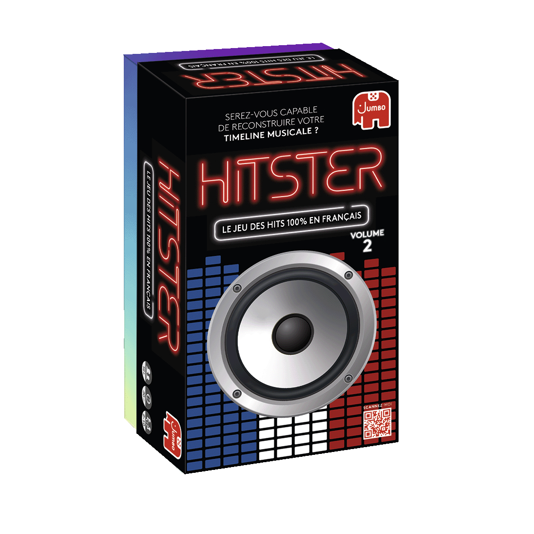 Box of Hitster Volume 2 board game with a speaker design and the French flag colors.