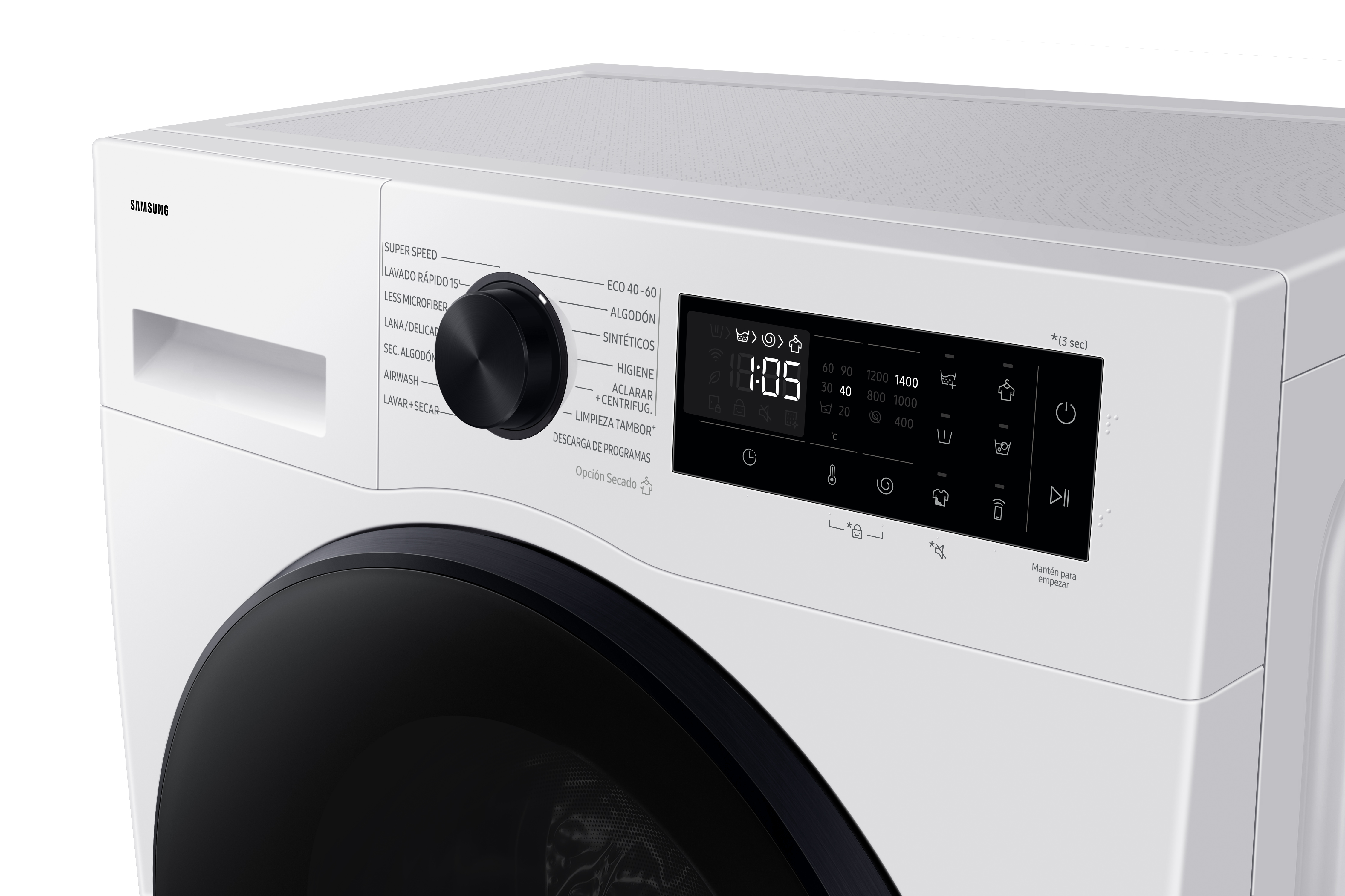 Eine weiße Samsung Waschmaschine. Sie hat ein schwarzes Bedienfeld und ein digitales Display mit der Uhrzeit. Die Tür ist schwarz.