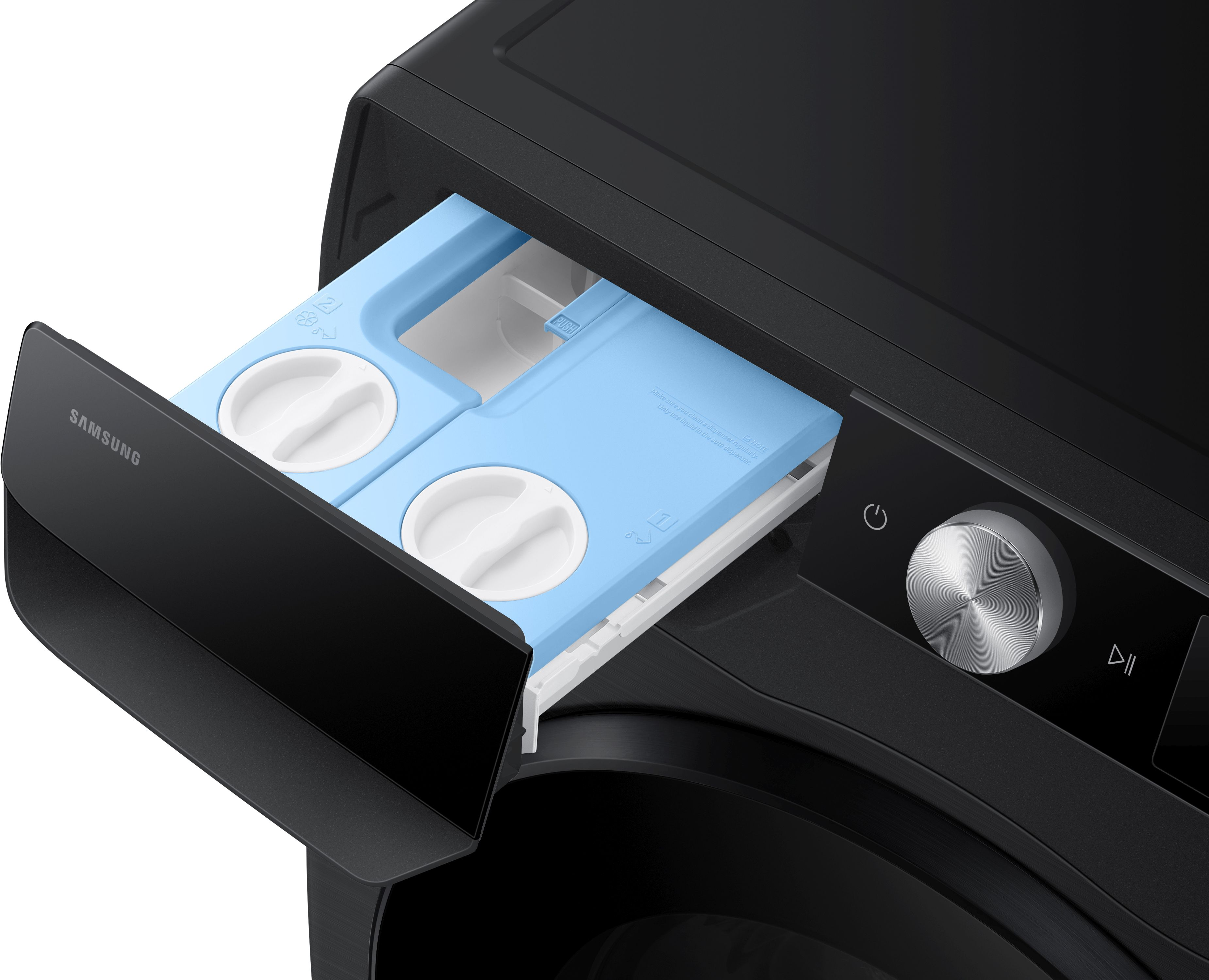 Nahaufnahme einer schwarzen Waschmaschine mit herausgezogener blauer Waschmittelschublade. Ein Samsung-Logo ist sichtbar.
