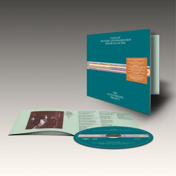 Albumcover mit einem Buch und einer CD. Das Cover ist türkis mit dem Text: Tales of Mystery and Imagination.