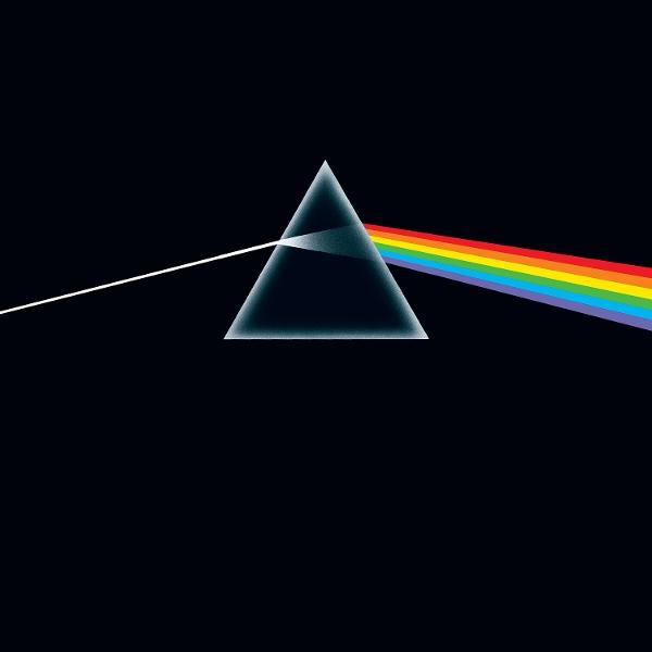 Pink Floyd albumhoes met een prisma en een regenboog.