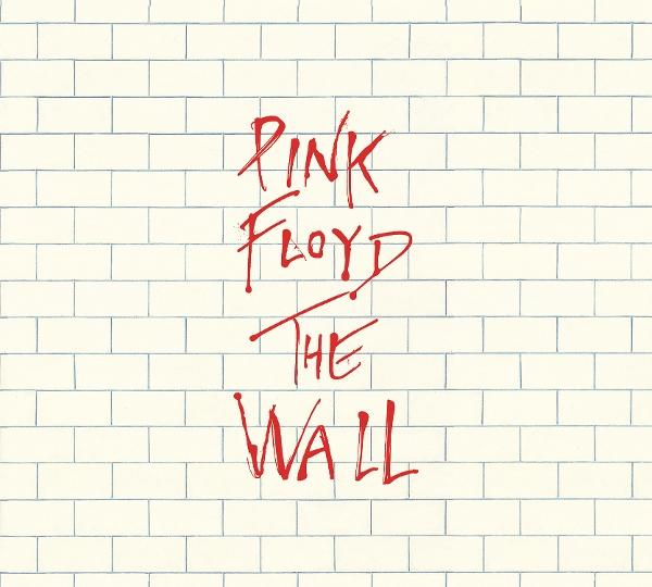 Albumcover: weiße Backsteinmauer mit rotem Text, Pink Floyd, The Wall.
