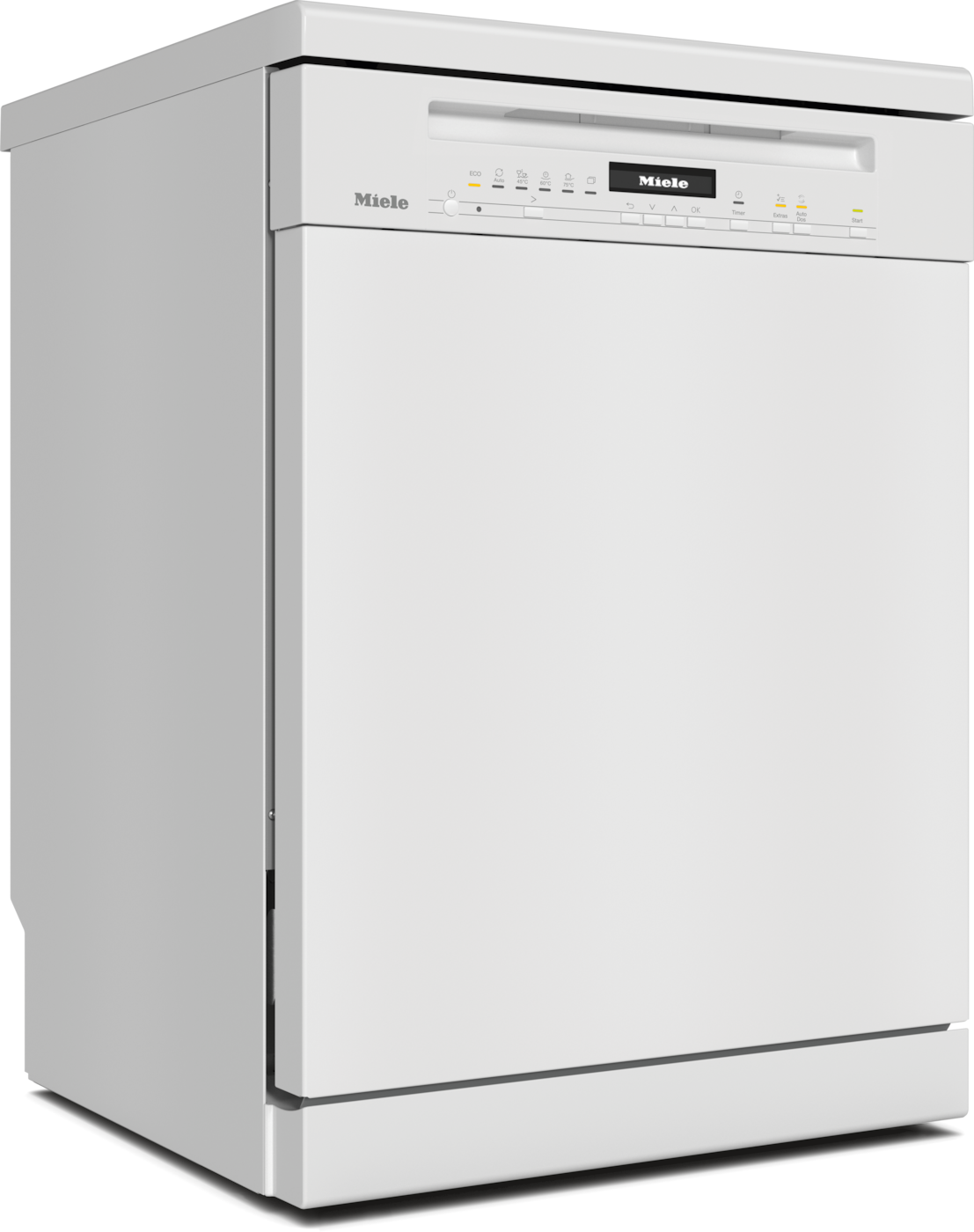 Eine weiße Miele-Spülmaschine mit Bedienfeld und Display.