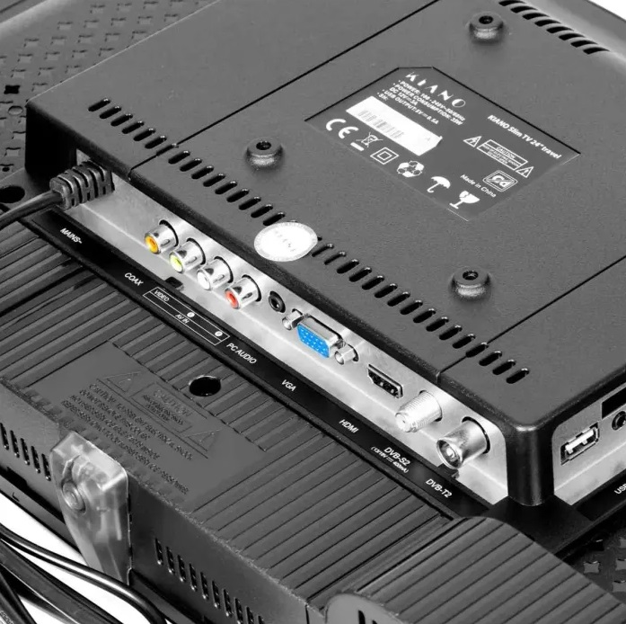 Zbliżenie tylnego panelu telewizora pokazujące różne porty i połączenia.