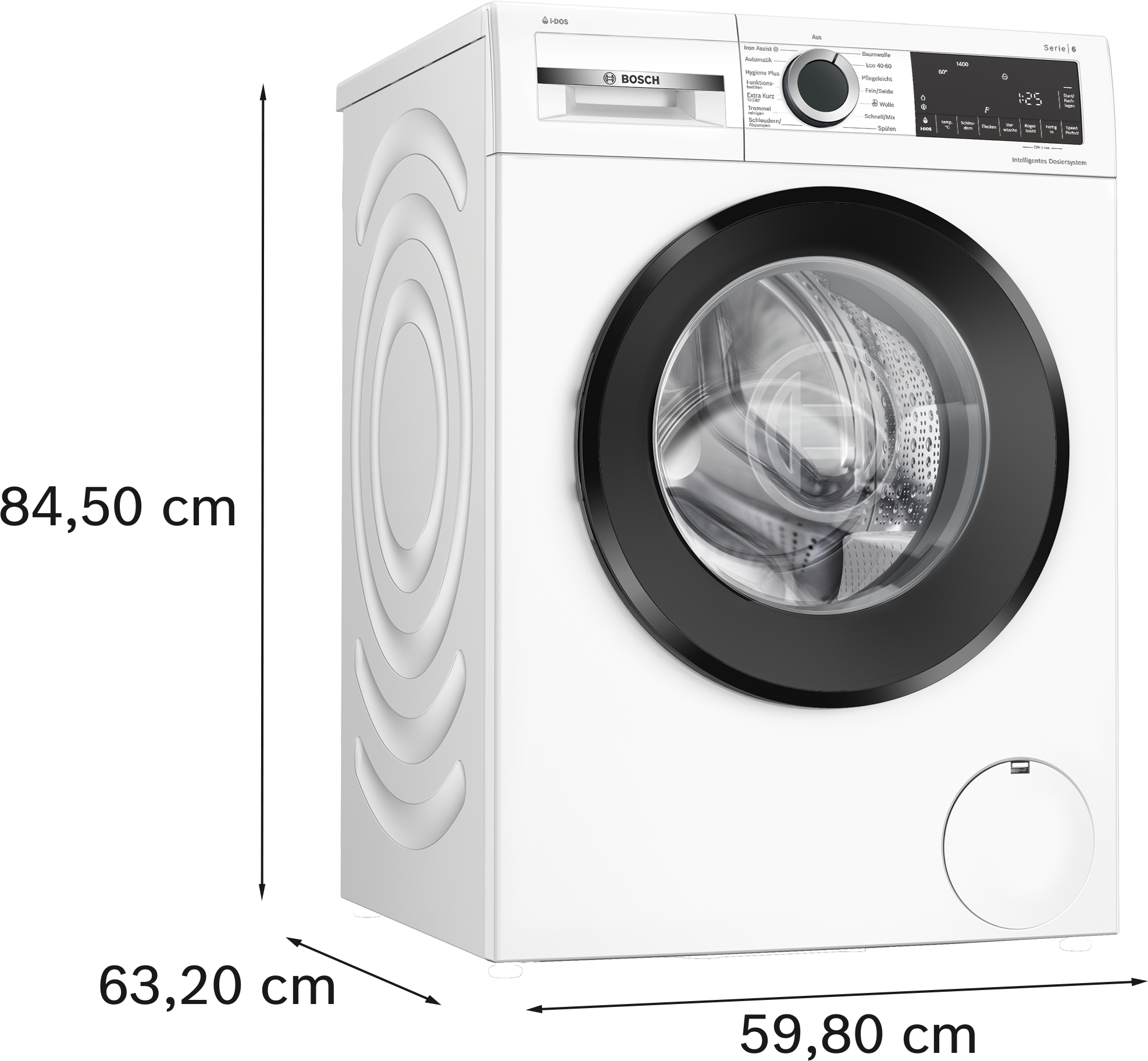 Eine weiße Bosch Waschmaschine mit schwarzer Tür und Bedienfeld. Maße sind angegeben.