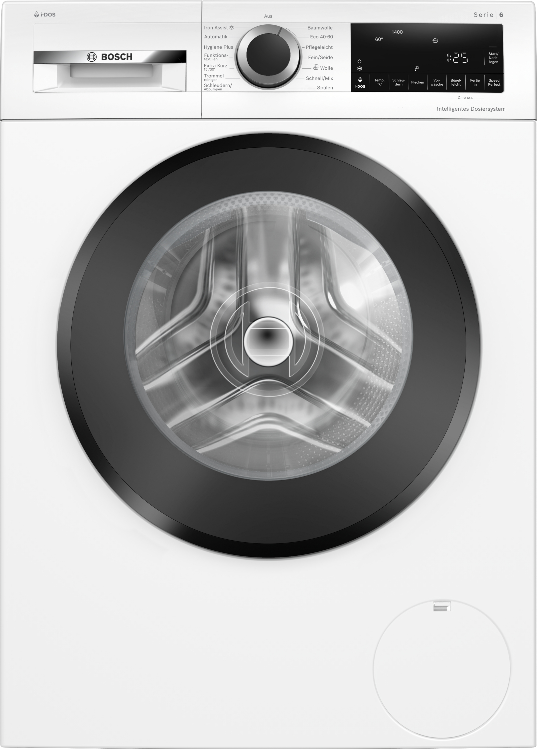 Eine weiße Bosch Waschmaschine mit schwarzer Tür und Bedienfeld. Das Display zeigt 1:25.