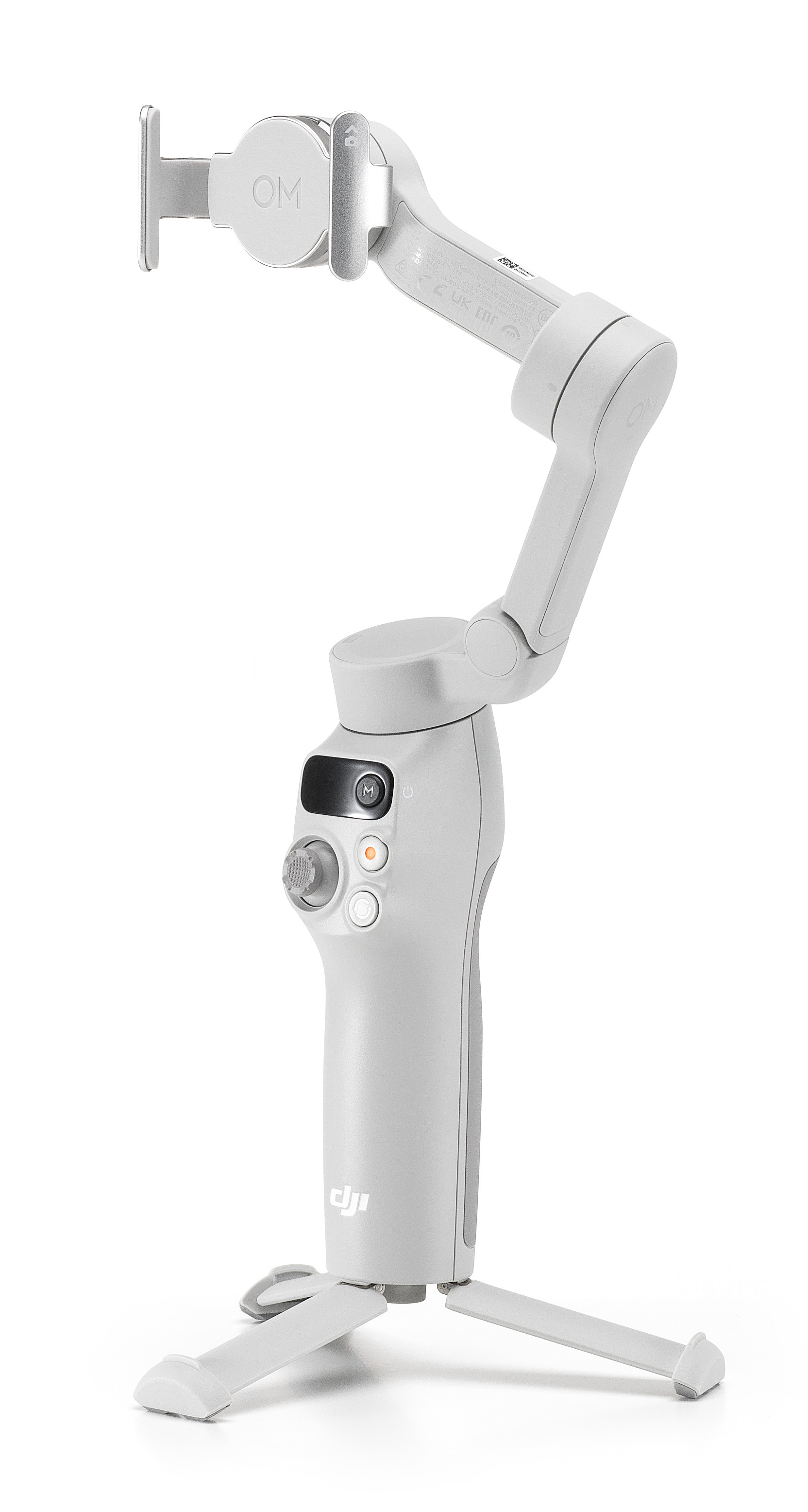 Biały gimbal ręczny na statywie, z uchwytem na telefon i przyciskami sterowania.