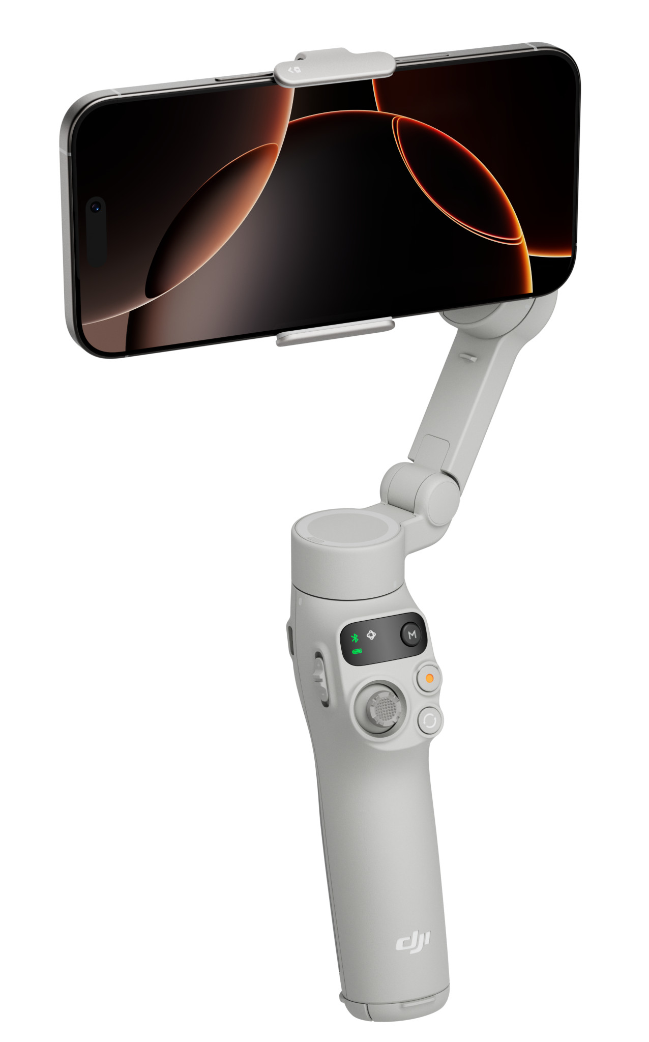 Biały gimbal ręczny z dołączonym telefonem, wyświetlający obraz na ekranie.