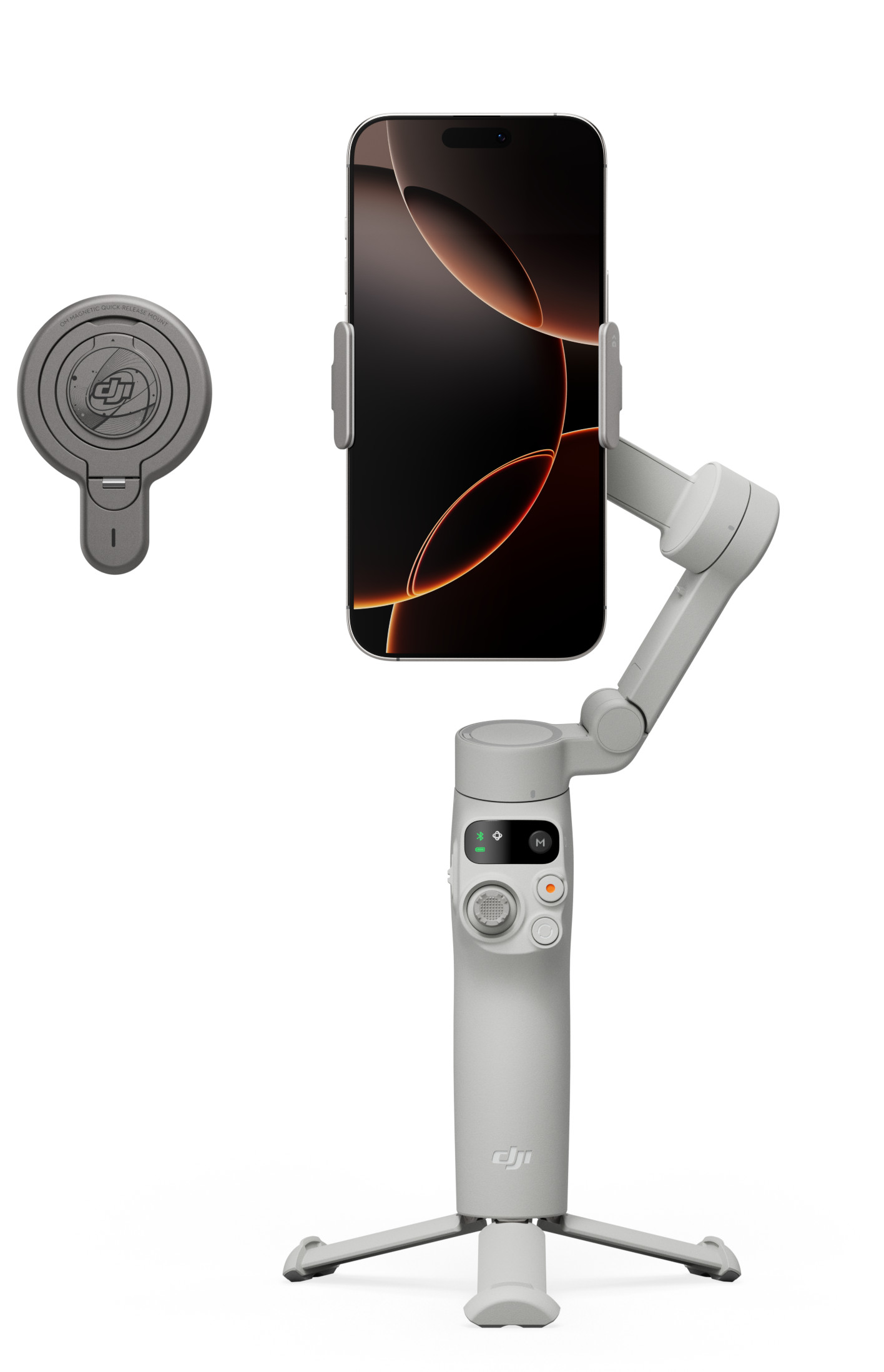 Urządzenie zawiera telefon, gimbal i pokrętło sterujące.