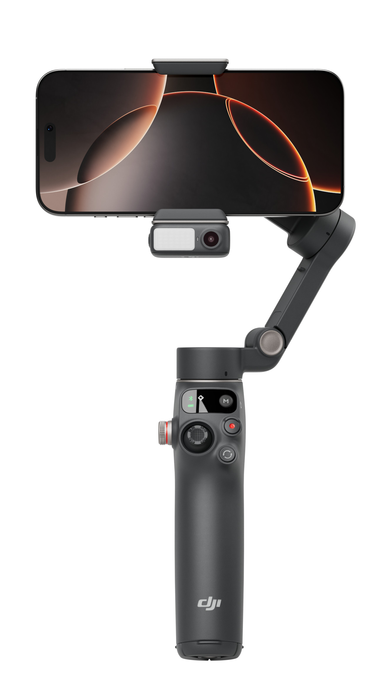 Ciemnoszary mobilny DJI Osmo z dołączonym telefonem na białym tle.