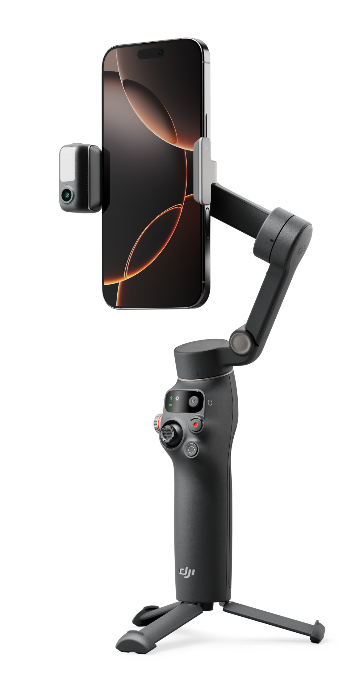 Czarny telefon trzymany przez szary gimbal ze stojakiem.