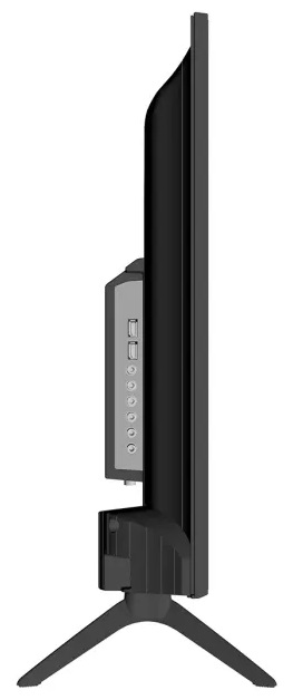 Czarny monitor TV, widok z boku, ze stojakiem. Posiada porty i przycisk zasilania.