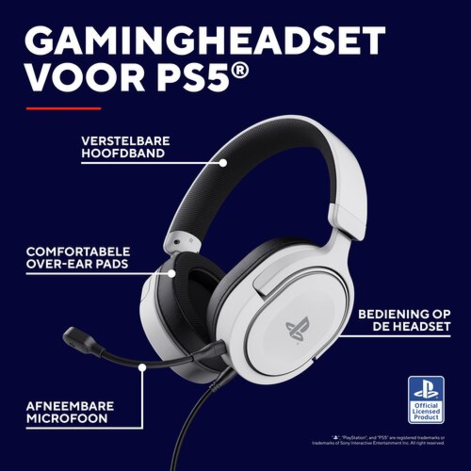 Witte gaming headset met microfoon, geaccentueerd op een blauwe achtergrond.