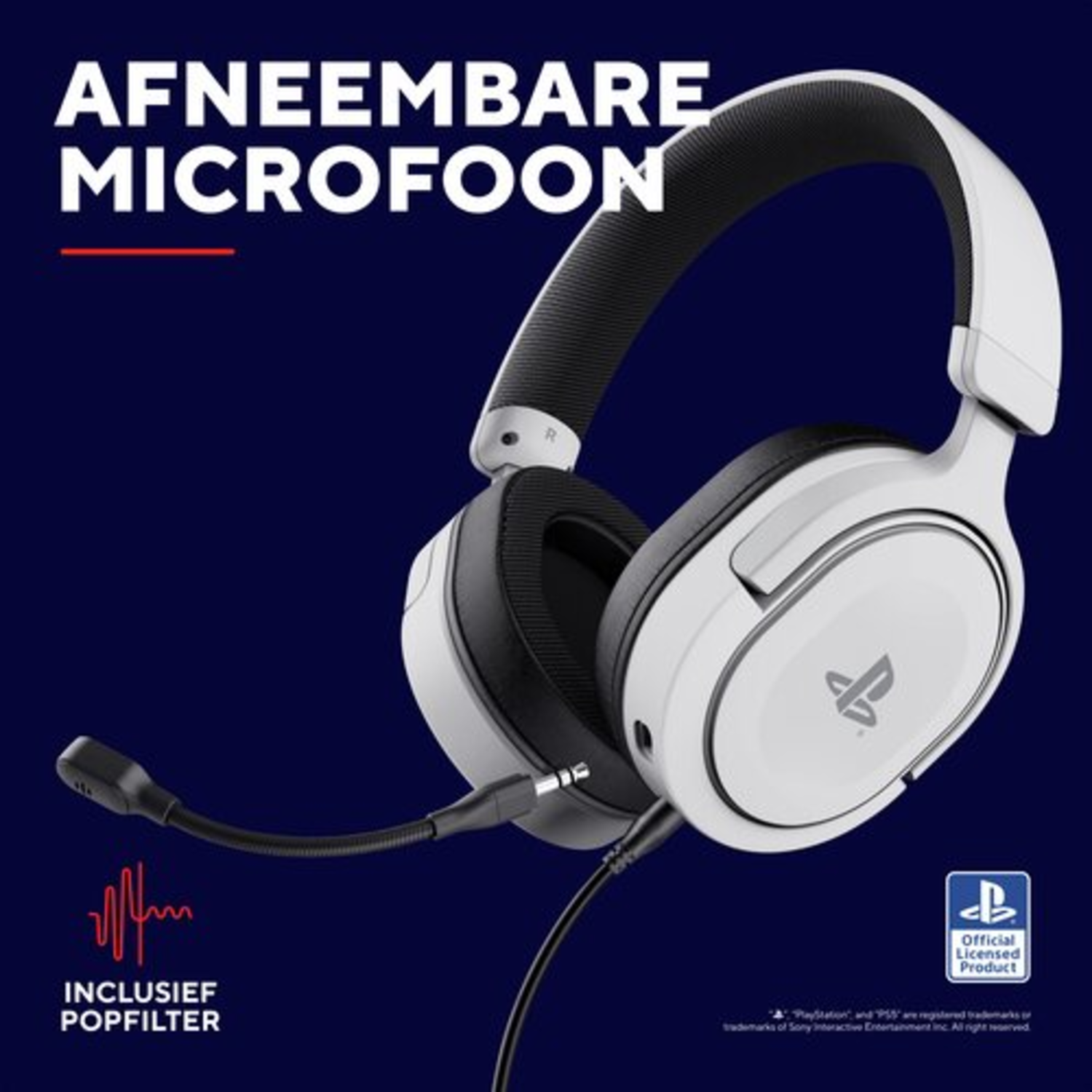 Witte gaming headset met microfoon en een popfilter op blauwe achtergrond.