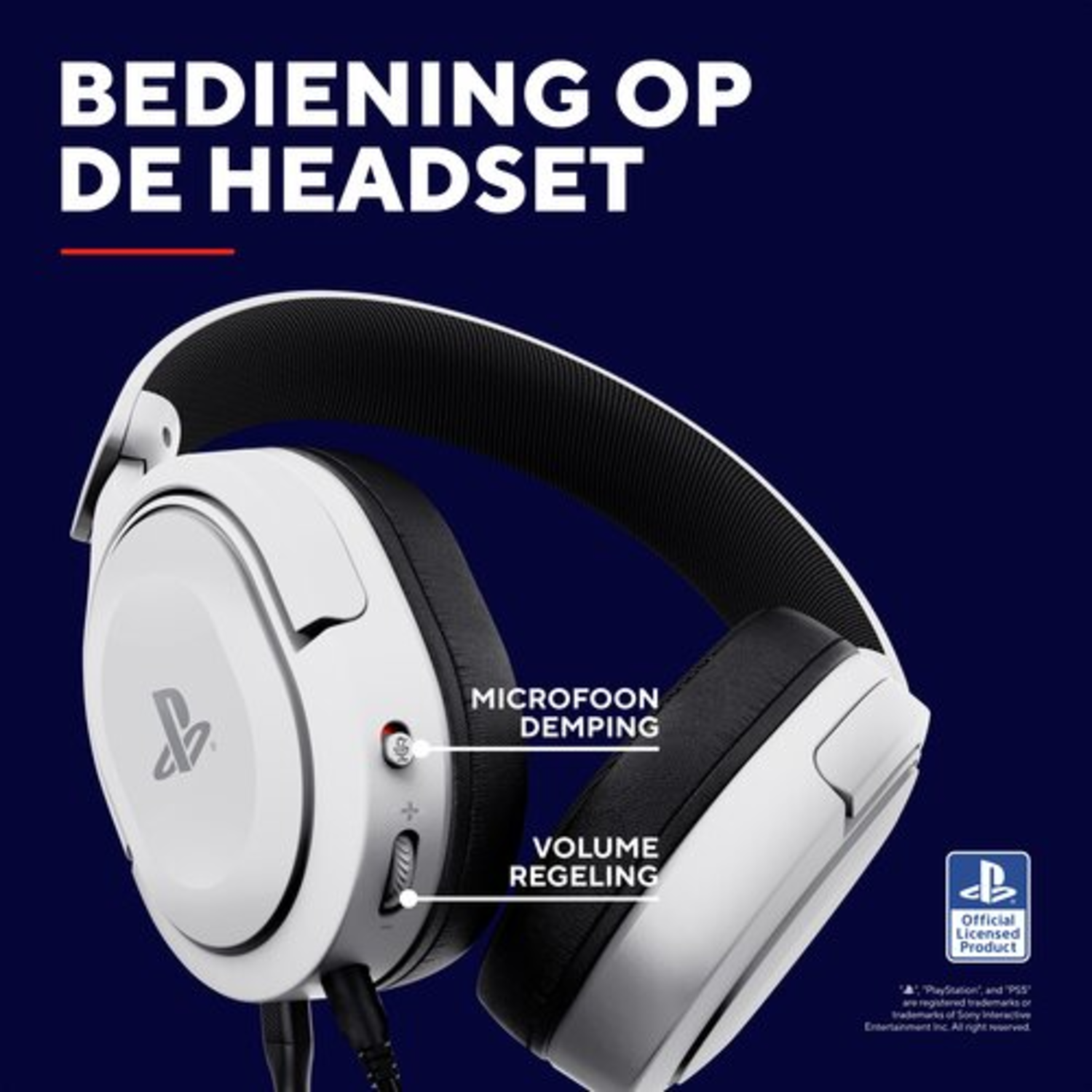 Close-up van een witte gaming headset met volume- en microfoonregelaars.