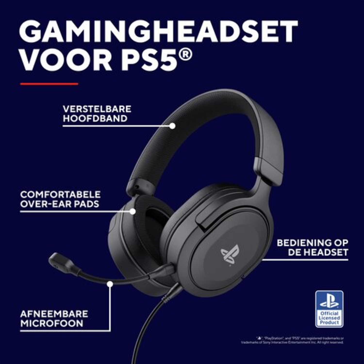 Zwarte gaming headset voor PS5, met een microfoon en oorkussens, met tekst zoals 'Gaming Headset'.
