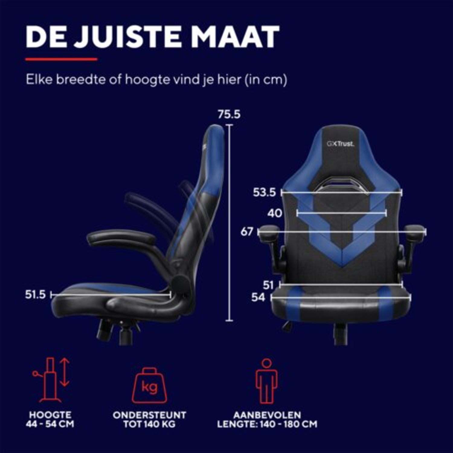 Gaming chair in a diagram, illustrating dimensions and weight limits. Includes height and length.