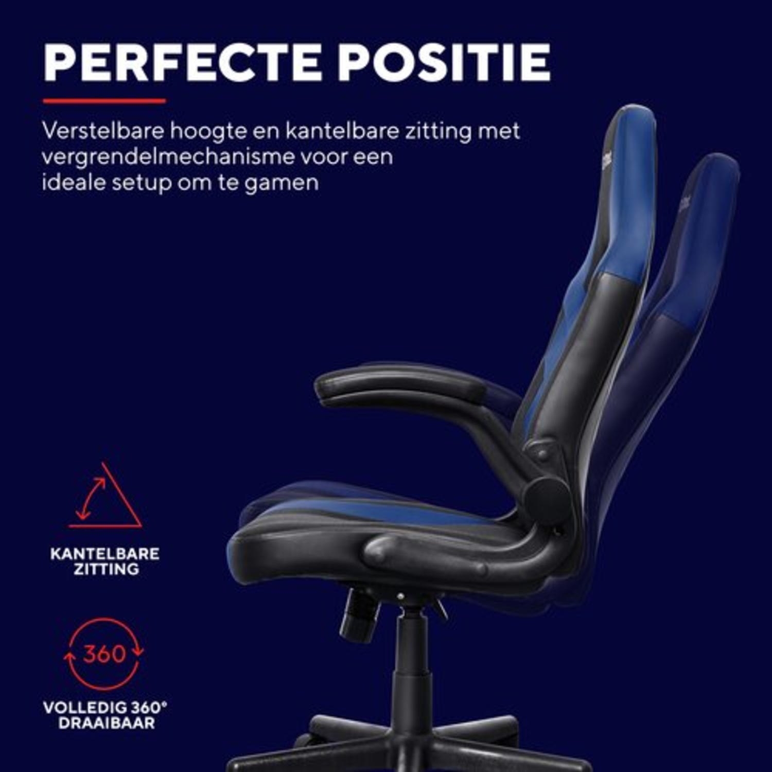 A blue and black gaming chair with a 360-degree turn icon.