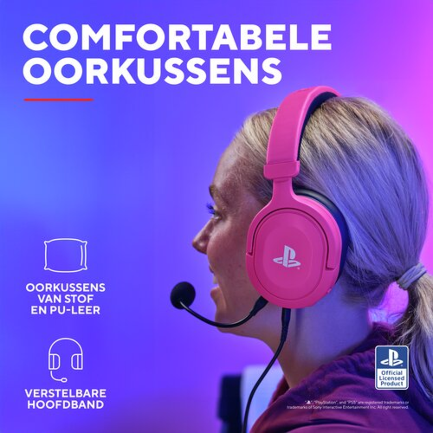 Woman wearing pink headset with microphone. Text mentions comfortable ear cushions and adjustable headband.