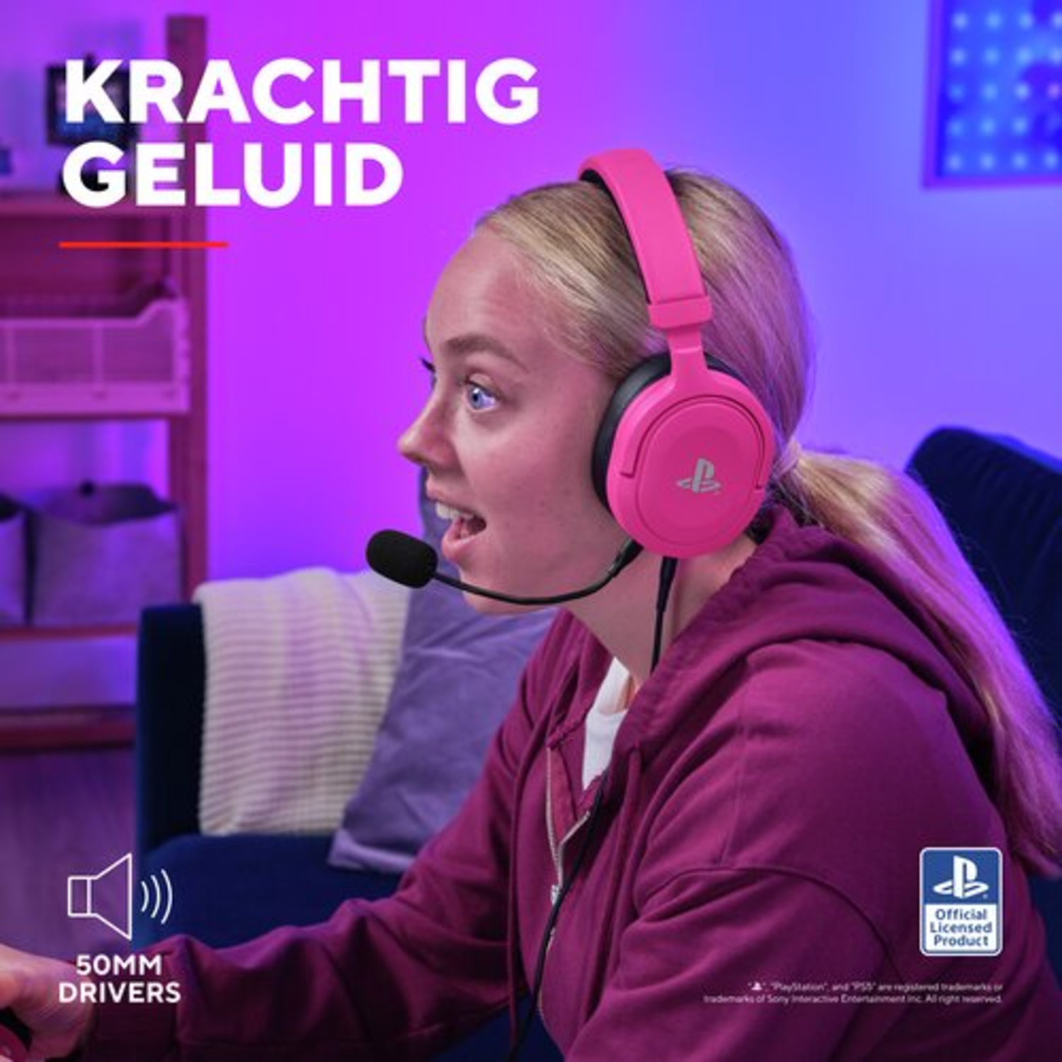 Woman with pink headset and microphone, looking surprised. Text highlights powerful sound and 50mm drivers.