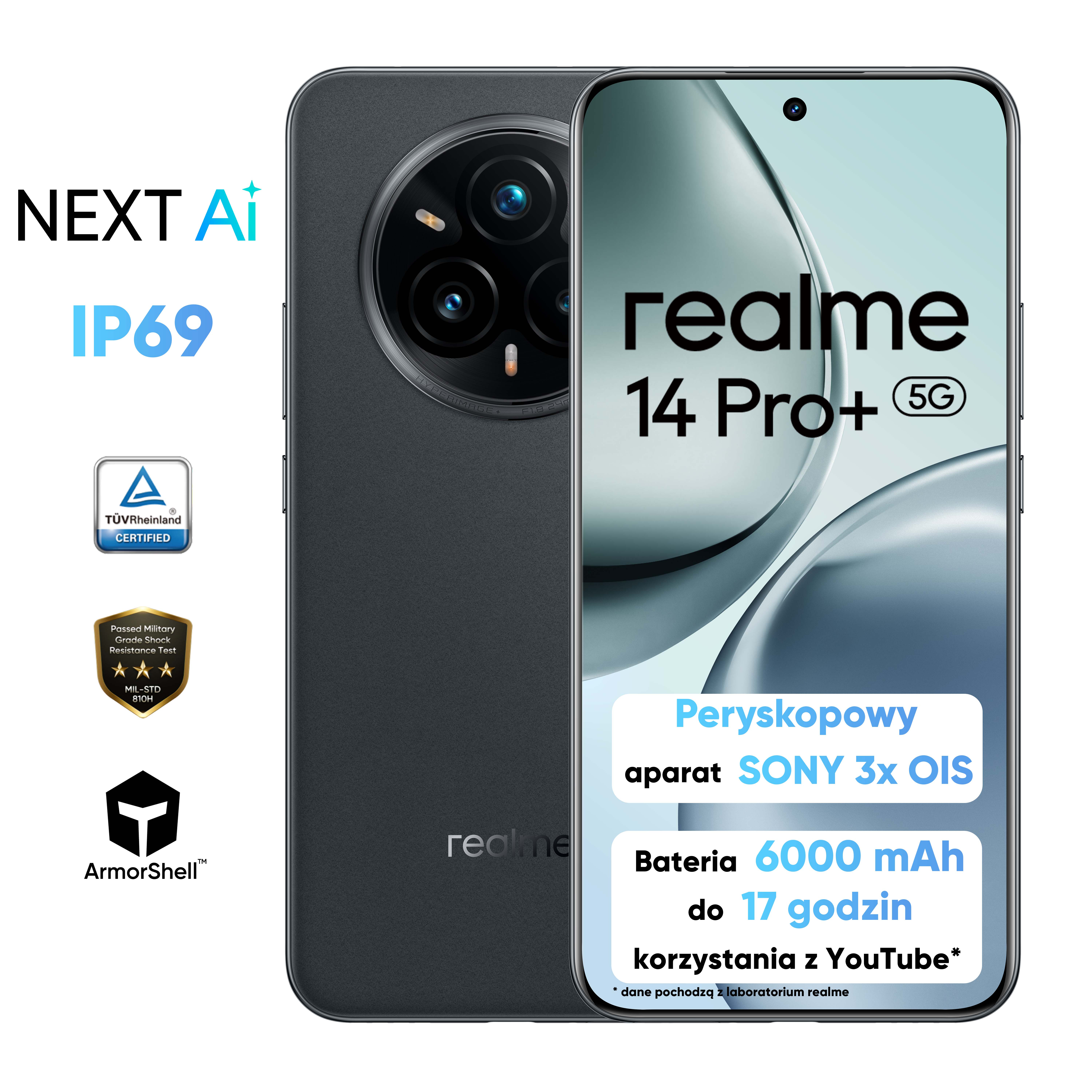 Czarny smartfon z wieloma aparatami, tekst z specyfikacjami.