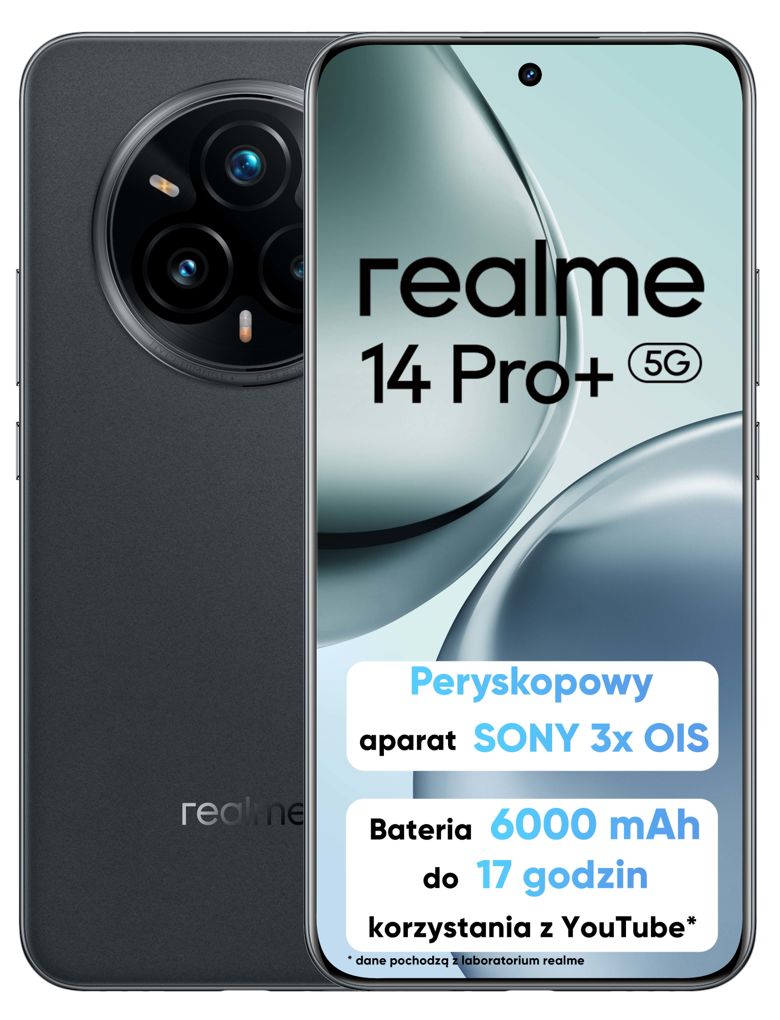 Czarny telefon Realme 14 Pro+ 5G ze szczegółami aparatu na ekranie: aparat Sony, bateria 6000 mAh.