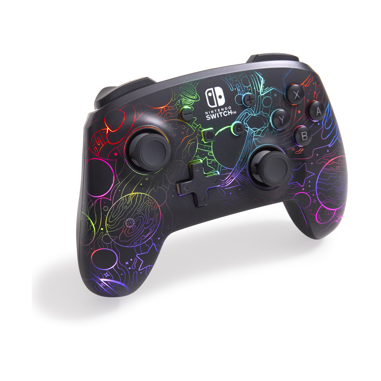 Controller di gioco nero con design colorato. Pulsanti etichettati X, A, B, Y. Logo Nintendo Switch visibile.