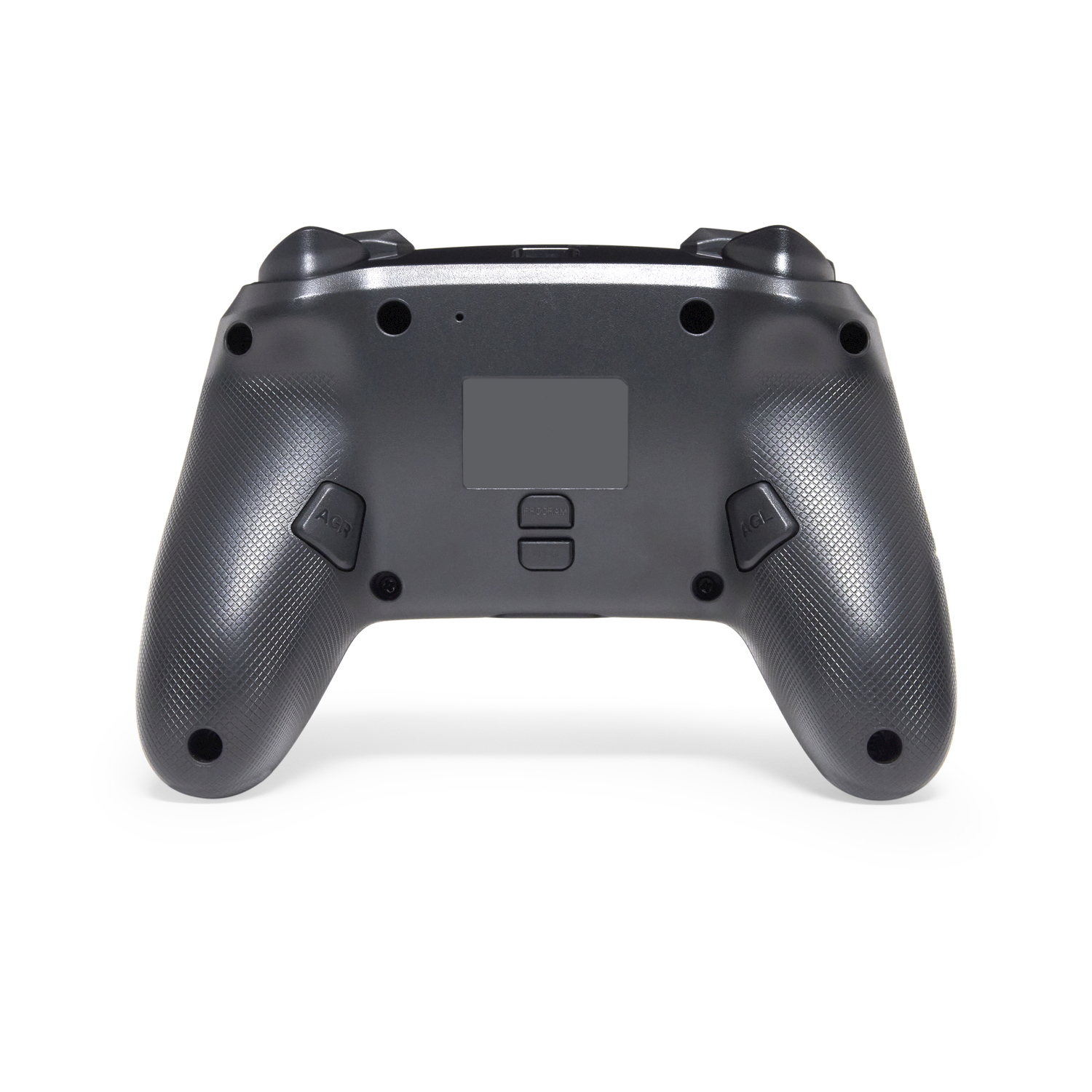 Vista posteriore di un controller di gioco nero con impugnature strutturate. Dispone di pulsanti ACI e un pulsante di ripristino.
