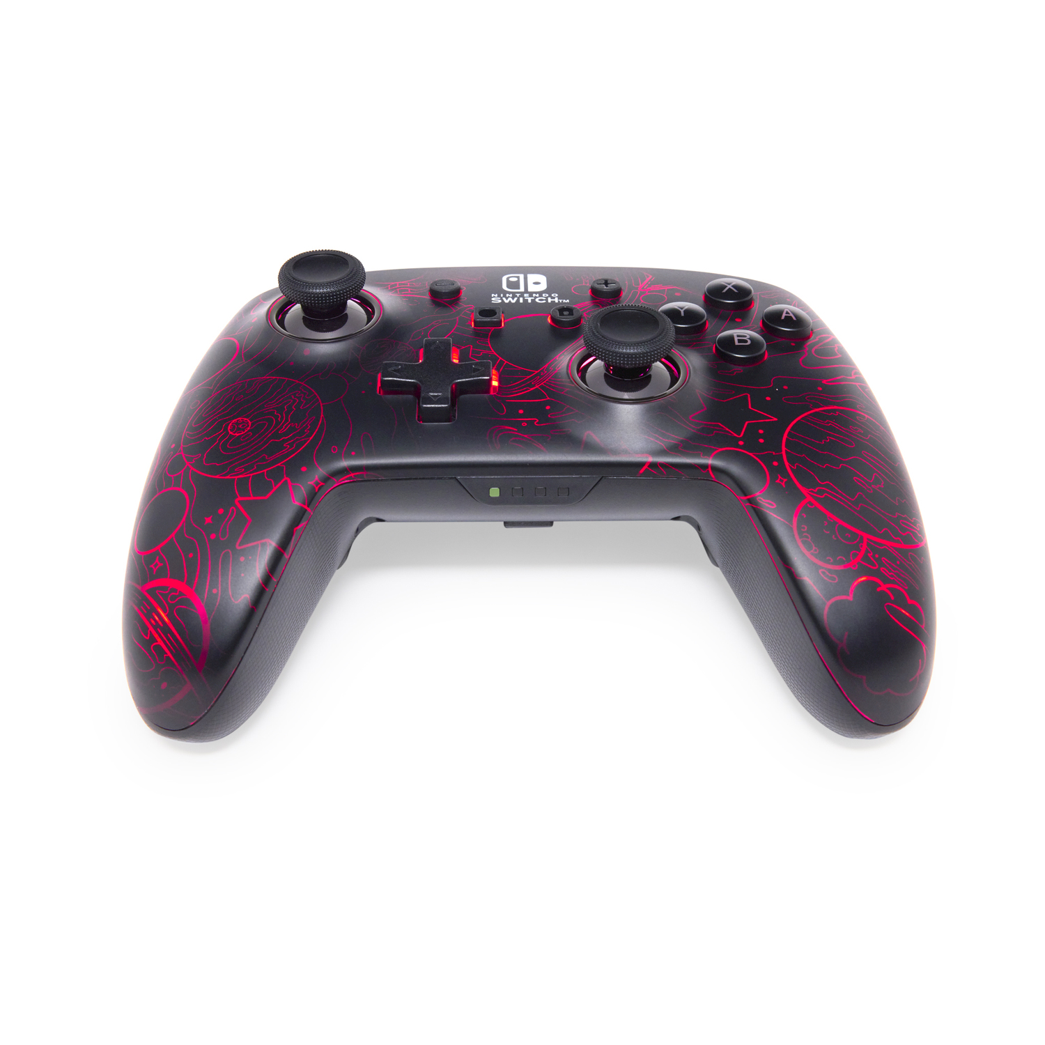 Controller di gioco nero con design rosso. Pulsanti e logo Nintendo Switch. Illuminato.