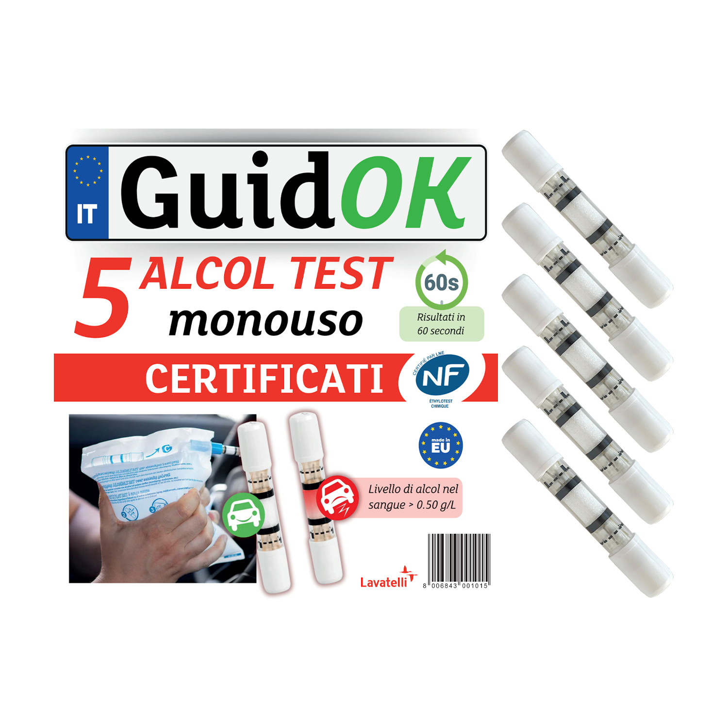 Una scatola di 5 strisce reattive per alcol.