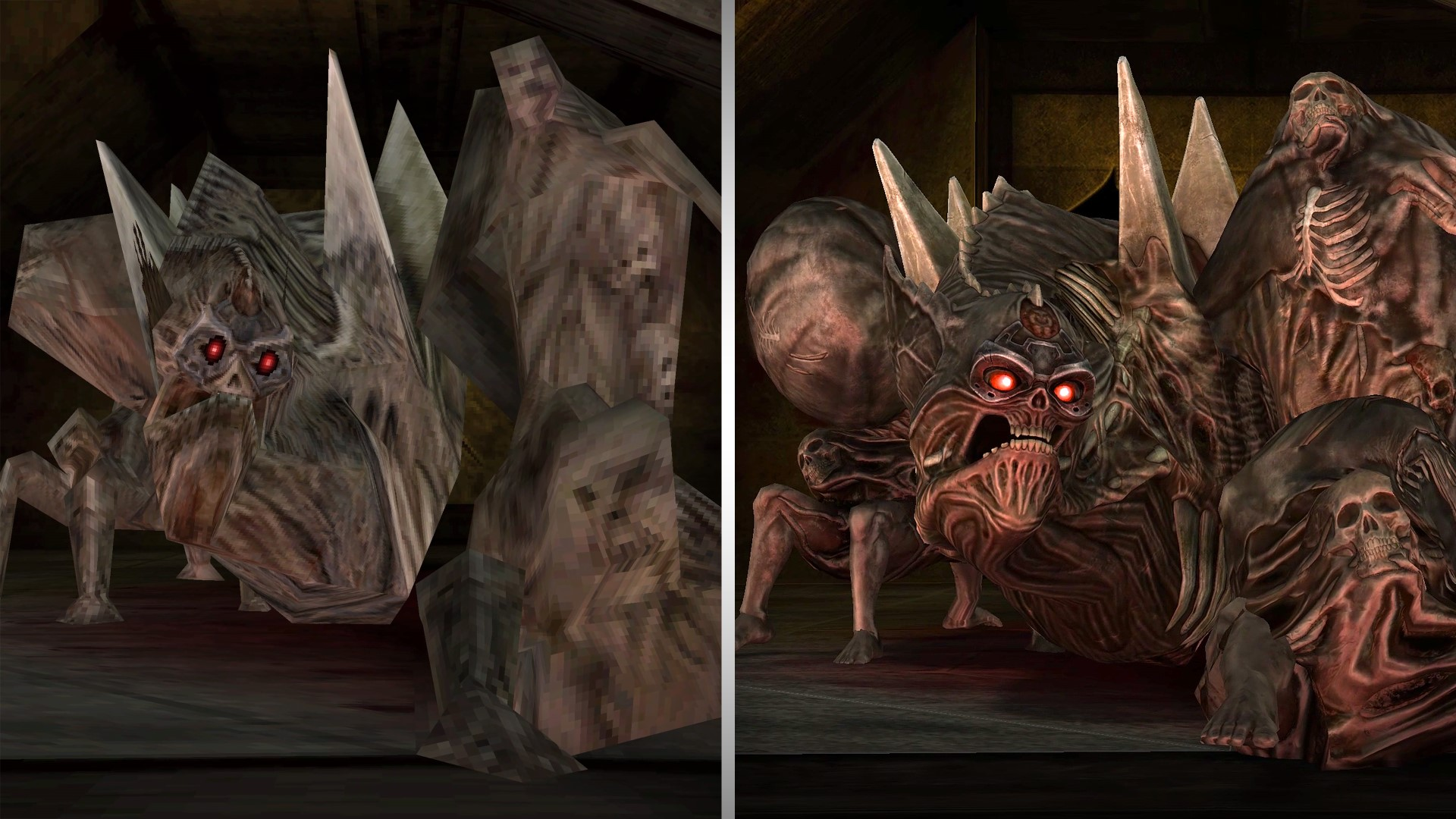Dwa obrazy obok siebie potwornych stworzeń podobnych do pająków z świecącymi czerwonymi oczami.