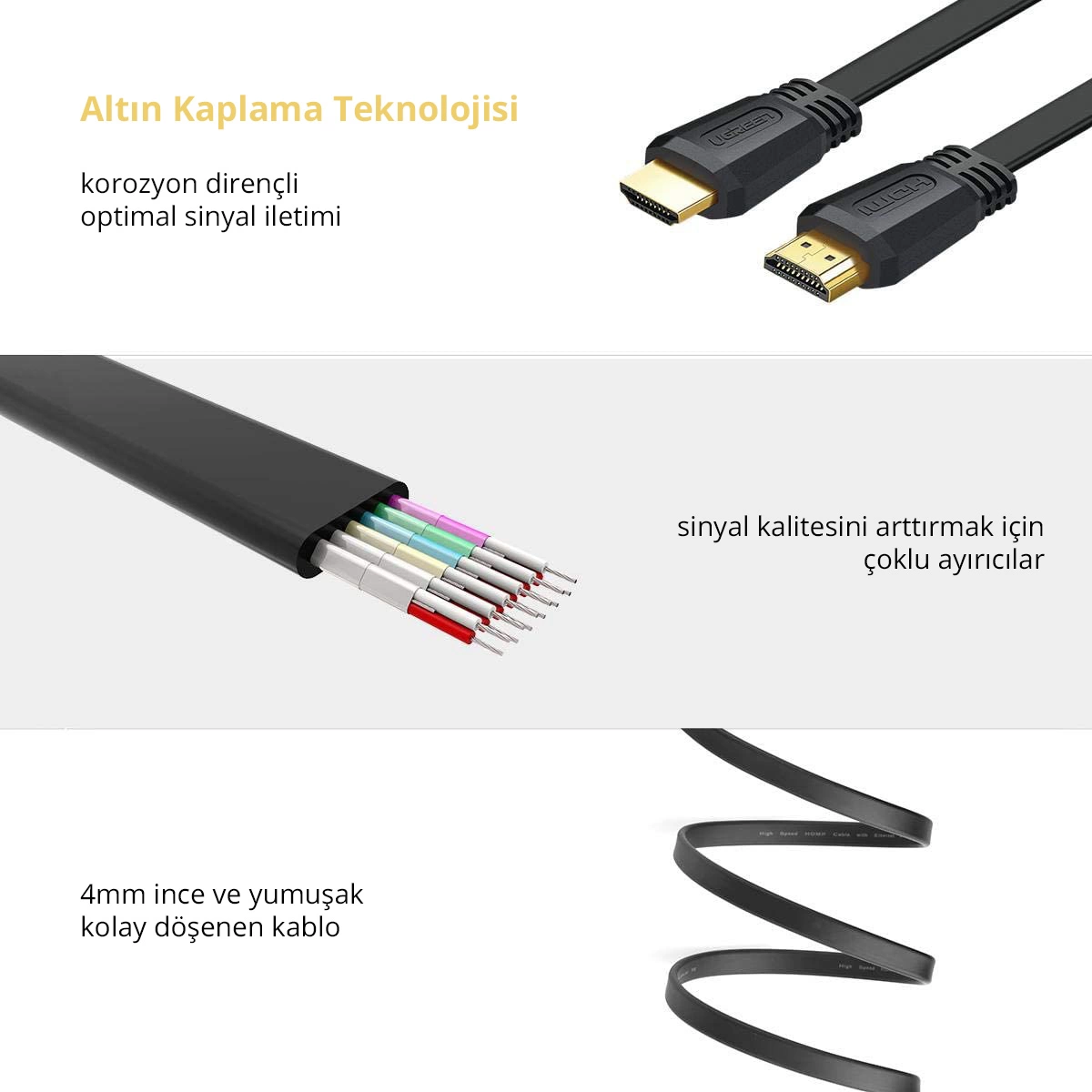 Altın kaplama konnektörlü ve siyah kablolu HDMI kablosu. İç tellerin yakından görünümü.