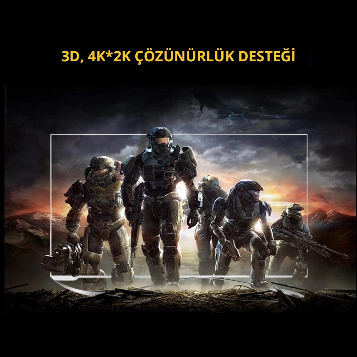 Fütüristik zırh giymiş bir grup insan ekranda. Yukarıda metin: 3D, 4K*2K çözünürlük desteği.