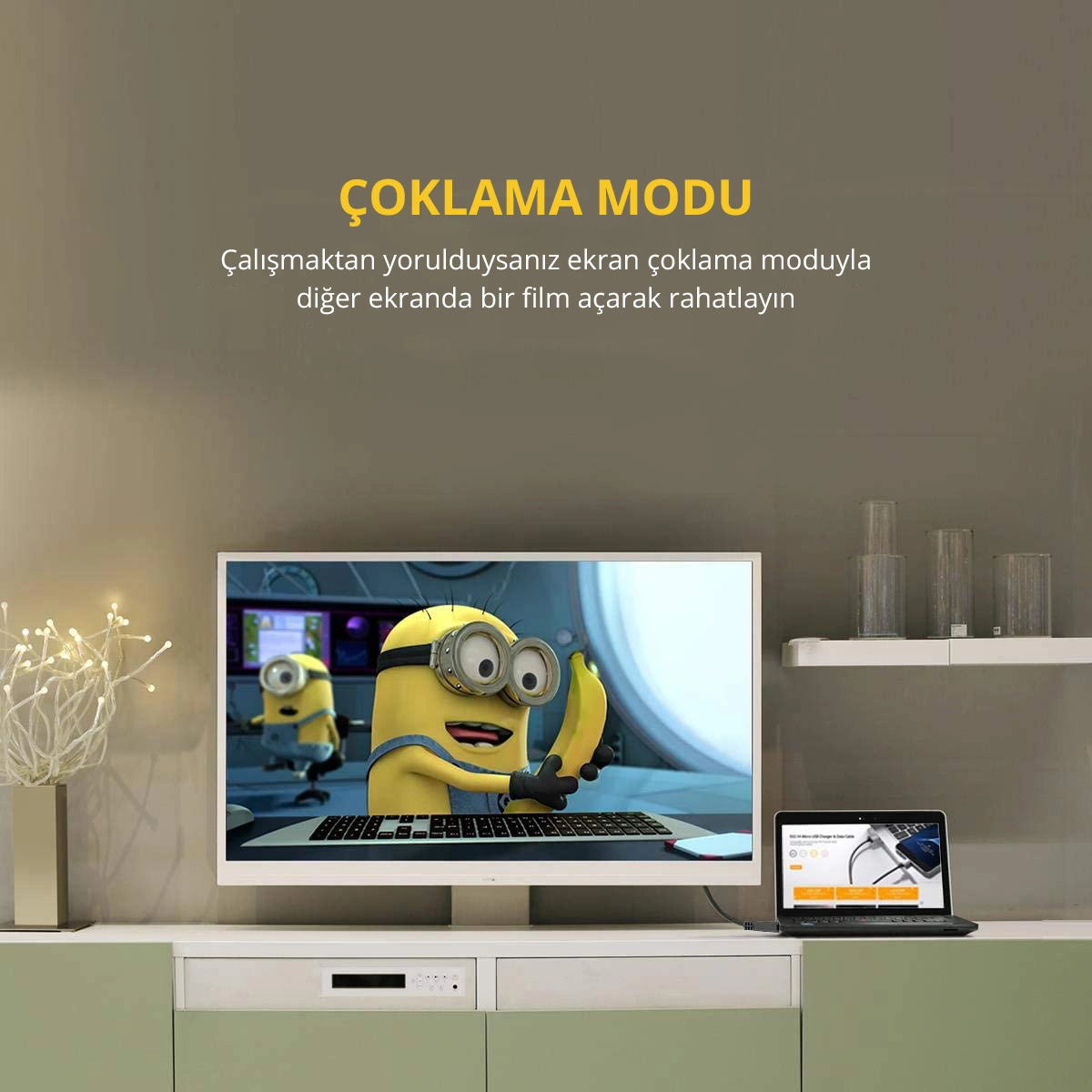 Bir TV ekranı, Minionlar filmini ve bir dizüstü bilgisayarı gösteriyor. Yukarıda metin: Klon Modu.