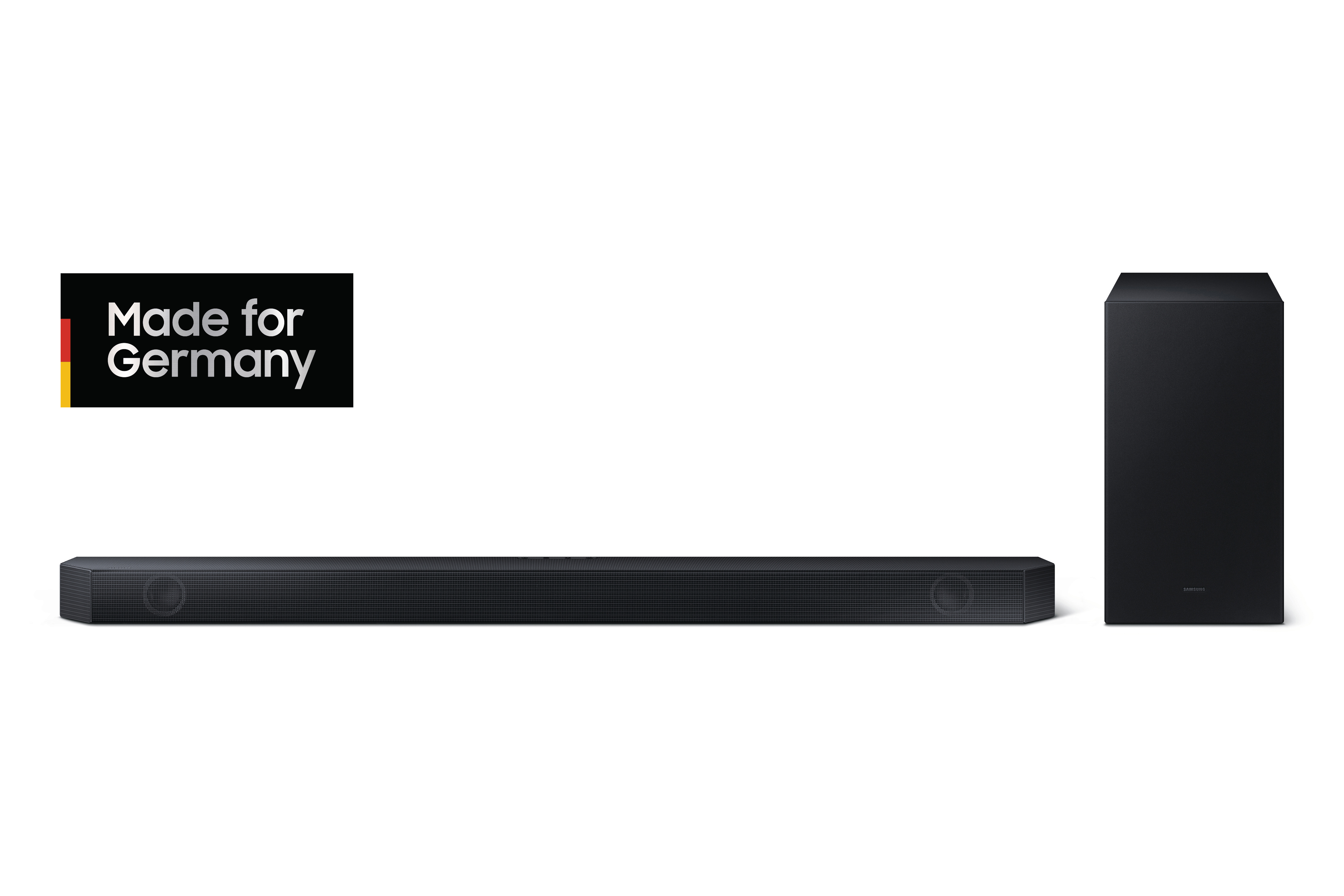 Eine schwarze Soundbar und ein Subwoofer vor weißem Hintergrund mit Logo.