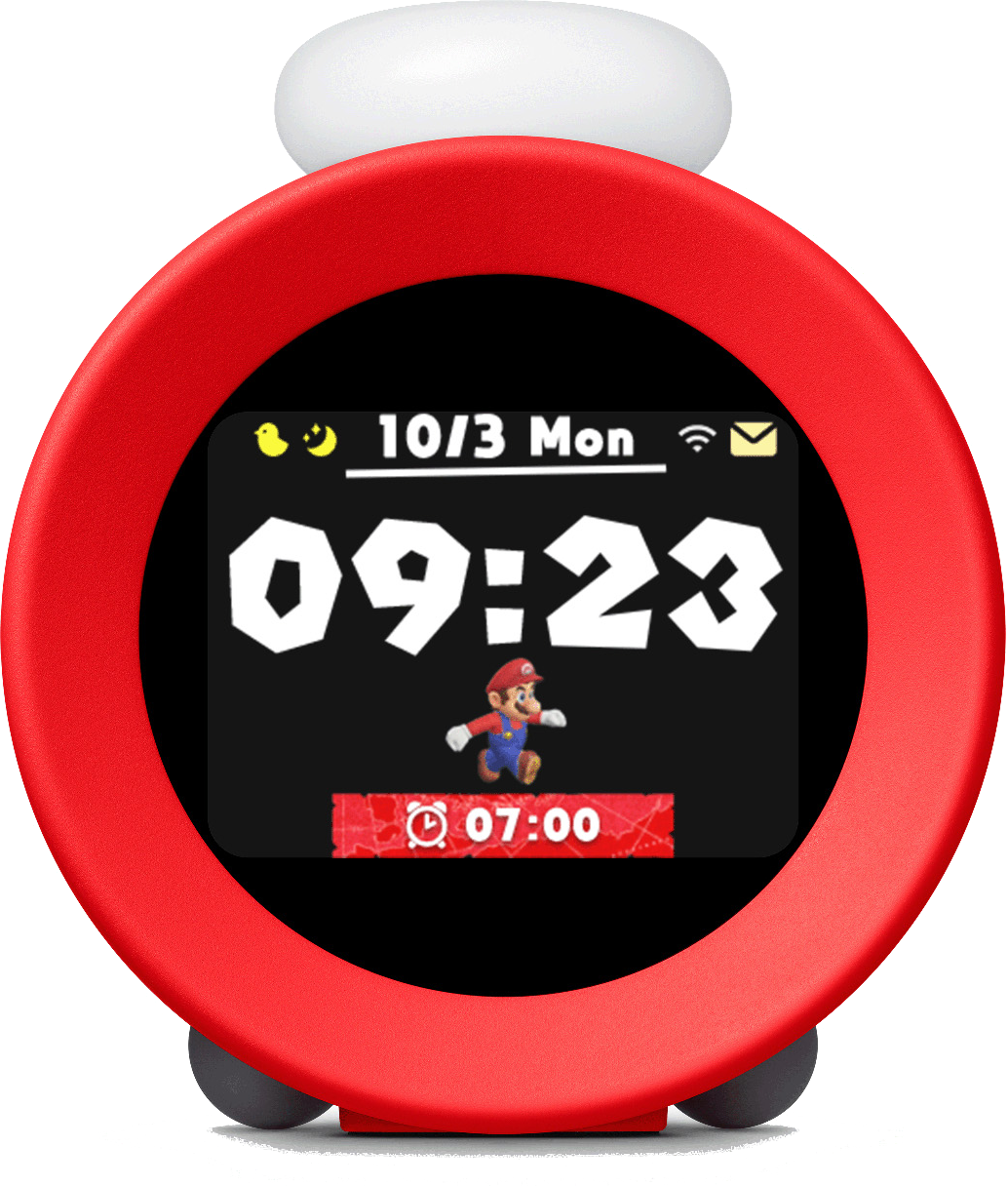 Roter Mario-Wecker zeigt 09:23 an. Mario-Grafik rennt auf dem Bildschirm. Datum ist 10/3 Mo. Alarm für 07:00 eingestellt.