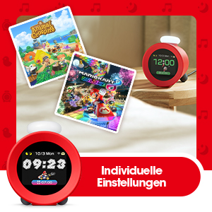 Mario-Wecker, Spielhüllen und Bett. Deutscher Text. Verschiedene Einstellungen.