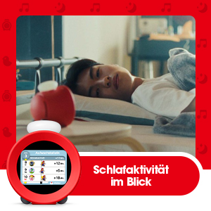 Mann im Bett, roter Mario-Wecker, Text auf Deutsch. Schlafübersicht.