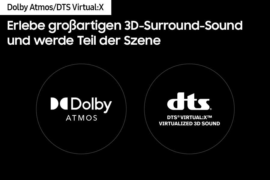 Logos von Dolby Atmos und DTS Virtual:X auf schwarzem Hintergrund mit Text.