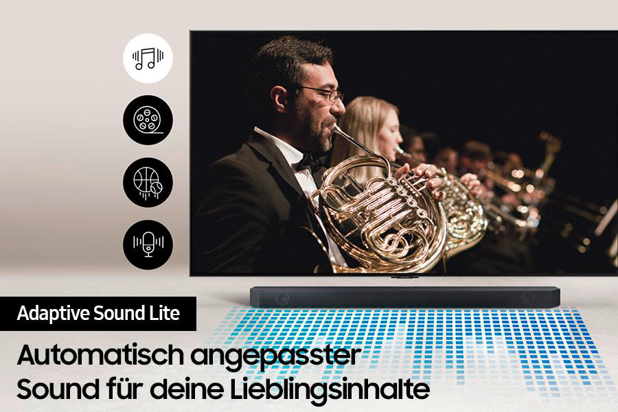Eine Soundbar mit TV-Musikern und einer blauen Pixelgrafik darunter.
