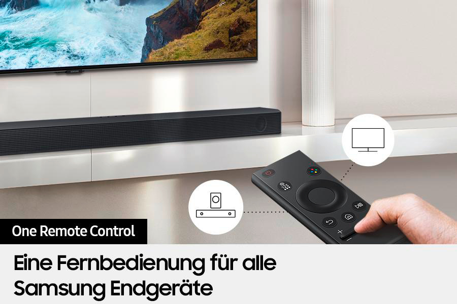 Eine Fernbedienung und eine Soundbar mit Symbolen auf dem Bildschirm.