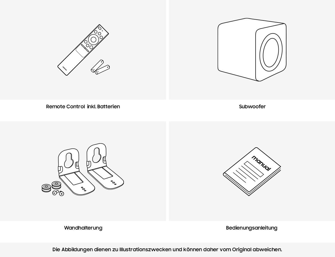 Vier Illustrationen: Fernbedienung, Subwoofer, Wandhalterungen und Handbuch.