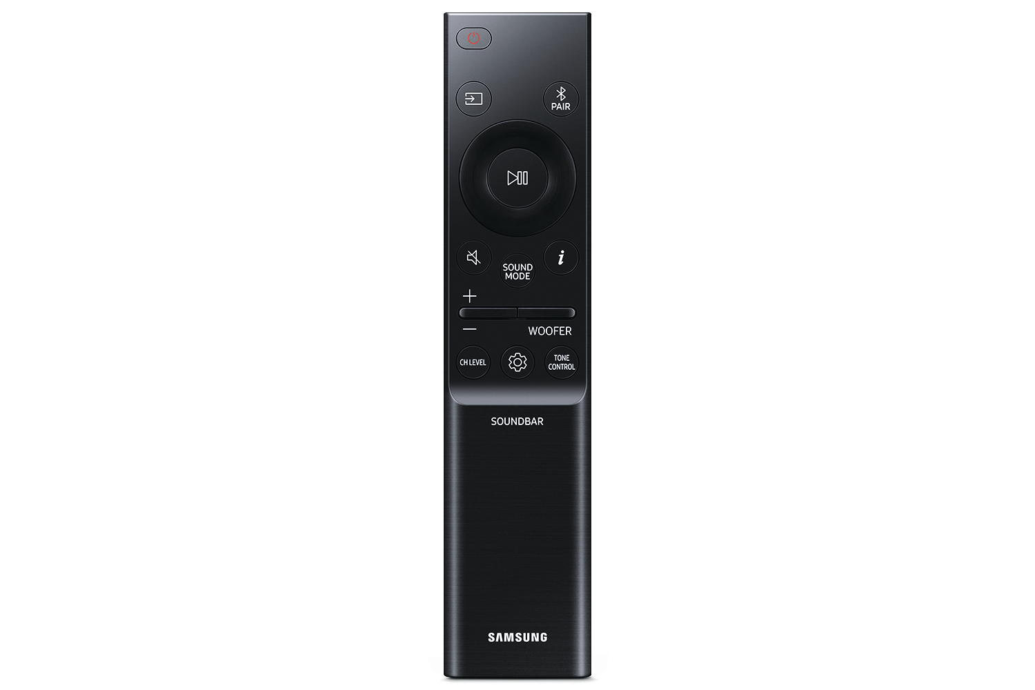 Eine schwarze Fernbedienung für eine Soundbar mit verschiedenen Tastenfunktionen.