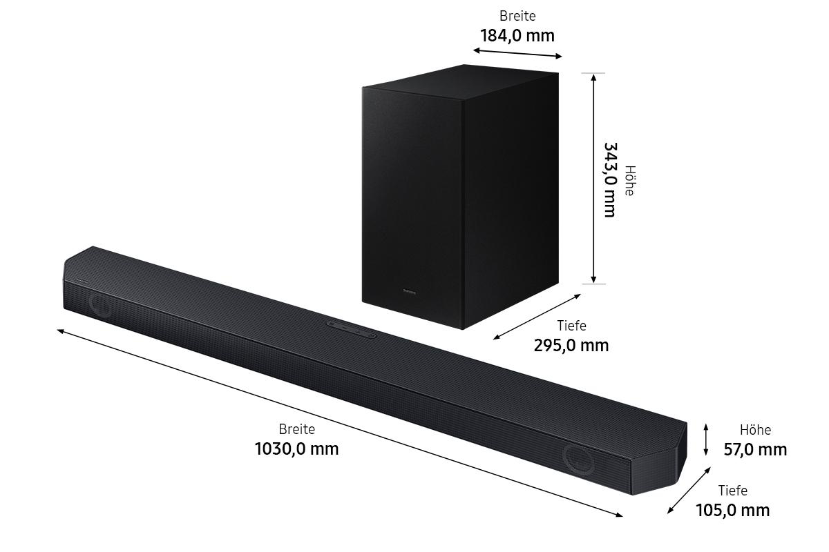 Abmessungen einer Soundbar, eines Subwoofers und Maße in Millimetern.