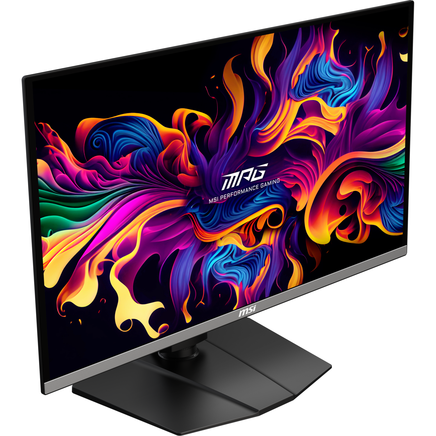 Een computermonitor met een levendig, kleurrijk abstract ontwerp op het scherm.
