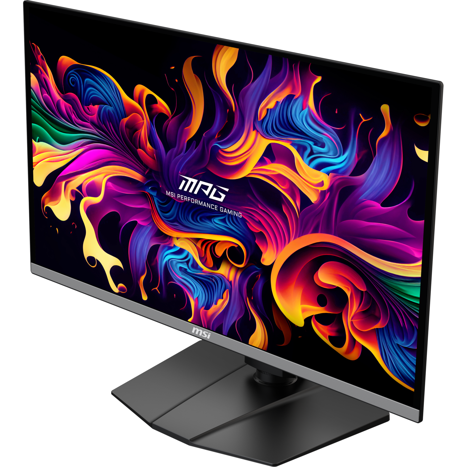 MSI monitor met kleurrijke abstracte kunst, zwarte standaard en rand. Zwarte achtergrond.