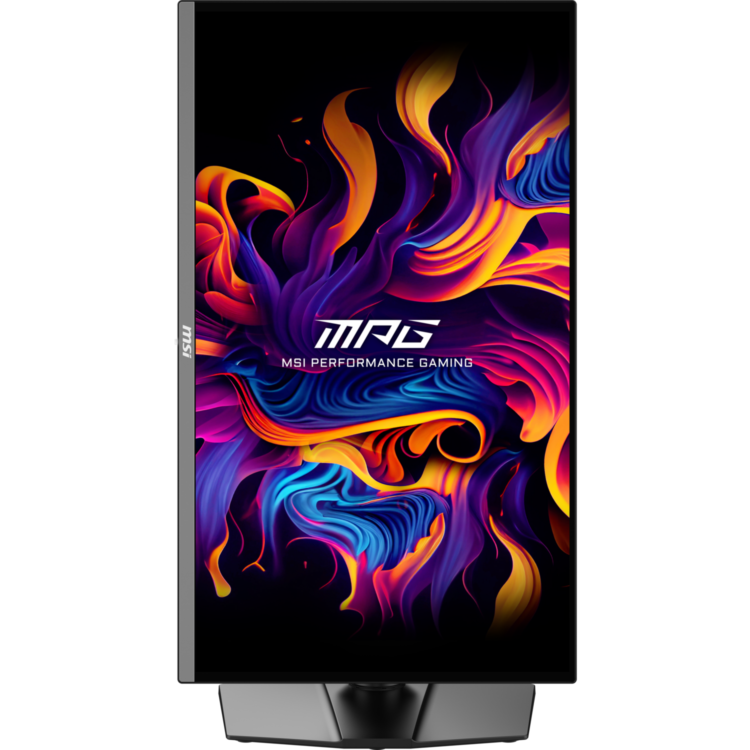 MSI monitor met kleurrijke abstracte kunst. Zwarte rand, standaard en achtergrond.