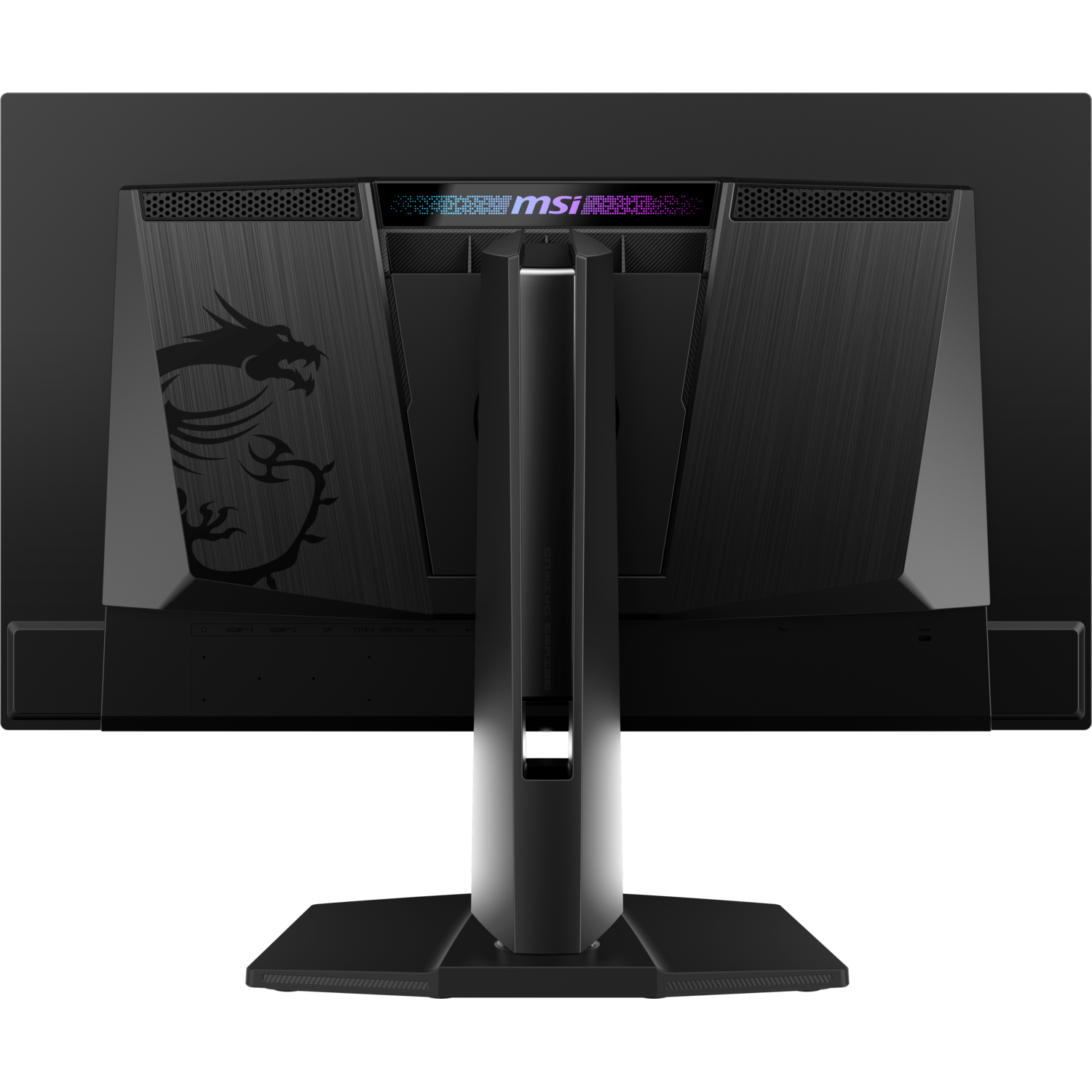 Achteraanzicht zwarte monitor met standaard. MSI logo, drakenontwerp. Luidsprekers, poorten zichtbaar.
