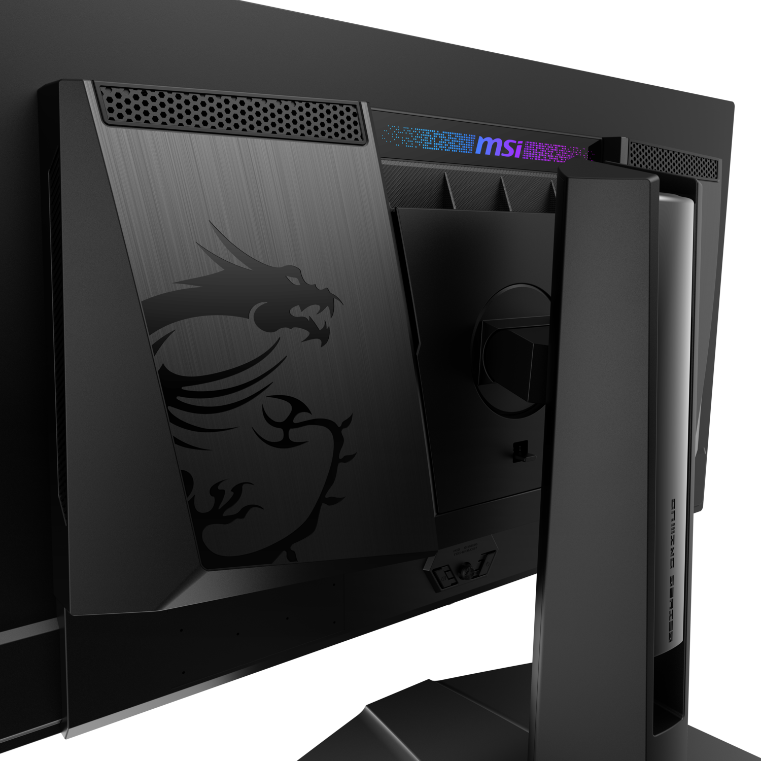 Close-up van de achterkant van een zwarte monitor. Toont MSI logo en getextureerd ontwerp.